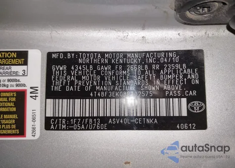 2011 Toyota Camry Le из США, поврежденный, VIN 4T4BF3EK0BR102575